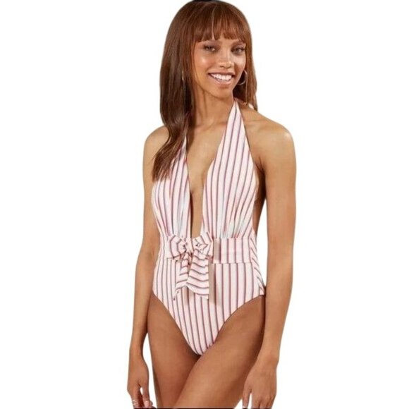 WeWoreWhat Lg One-piece Swimwear Brooklyn Open Back Deep V-neck Halter Swimsuit - Picture 11 of 13